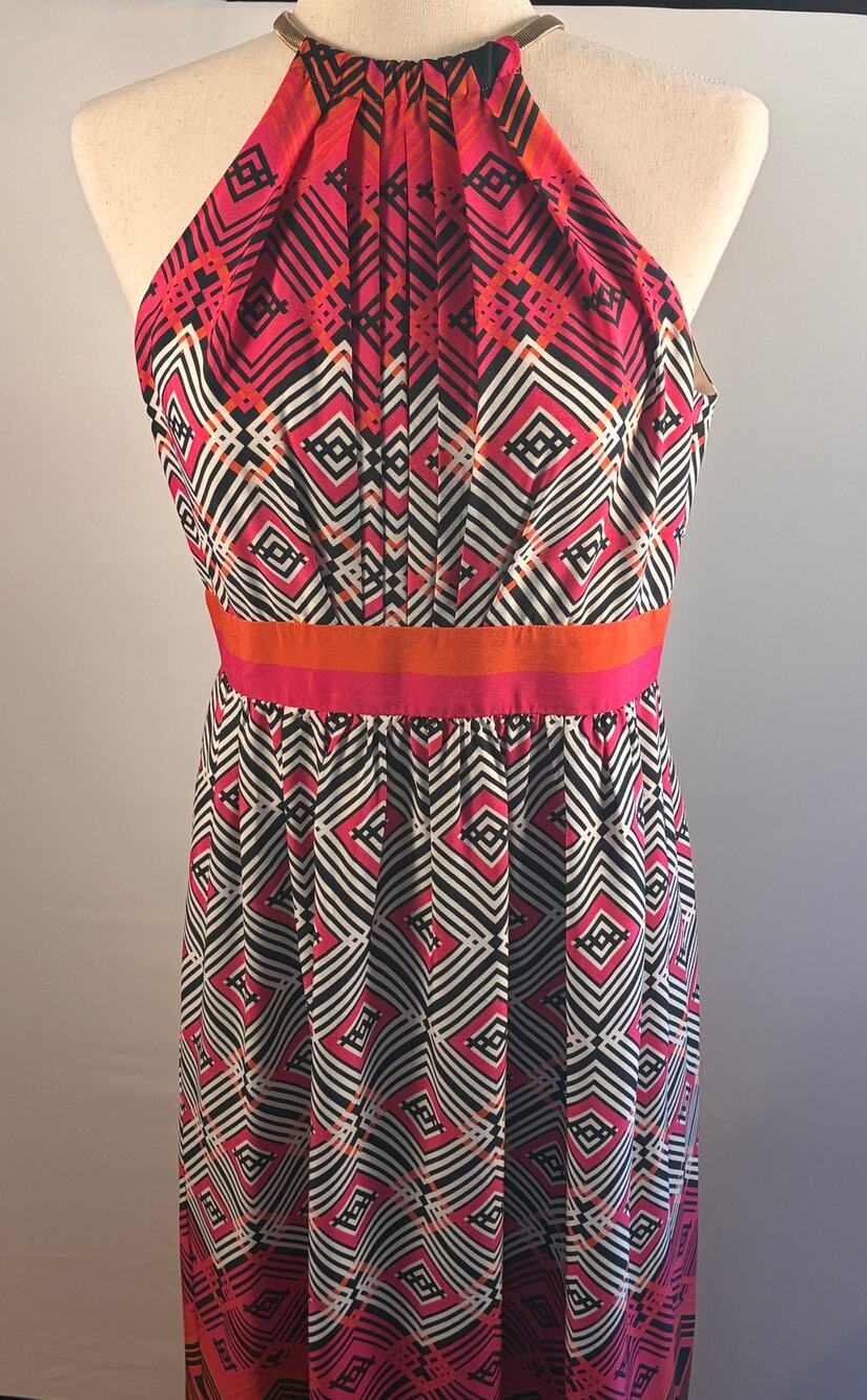 Eliza J Geometric Halter Maxi Dress Gold Metal Collar Chain Back Pink Orange 6P